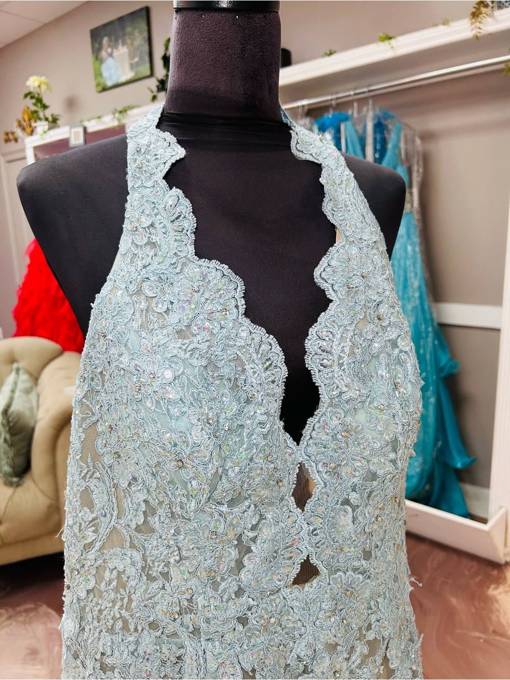 Jovani Light Blue Lace Halter Gown - Picture 2 of 7